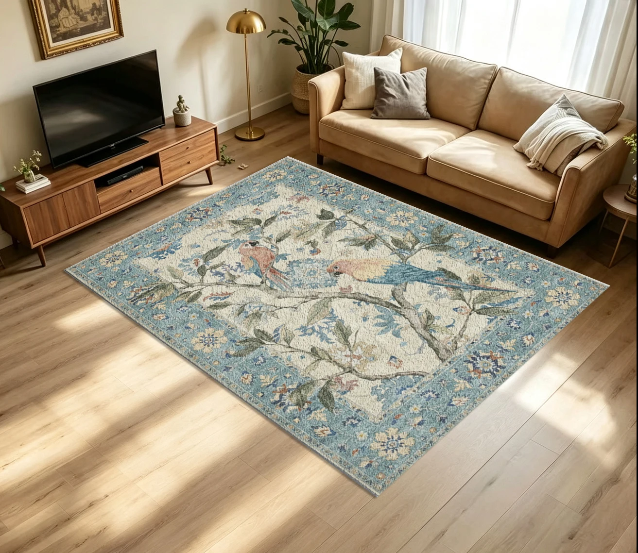 Vintage Parrot Bird Floral Pattern Decorative Border Carpet Non-Slip Washable Living Room Carpet Traditional Home Decoration