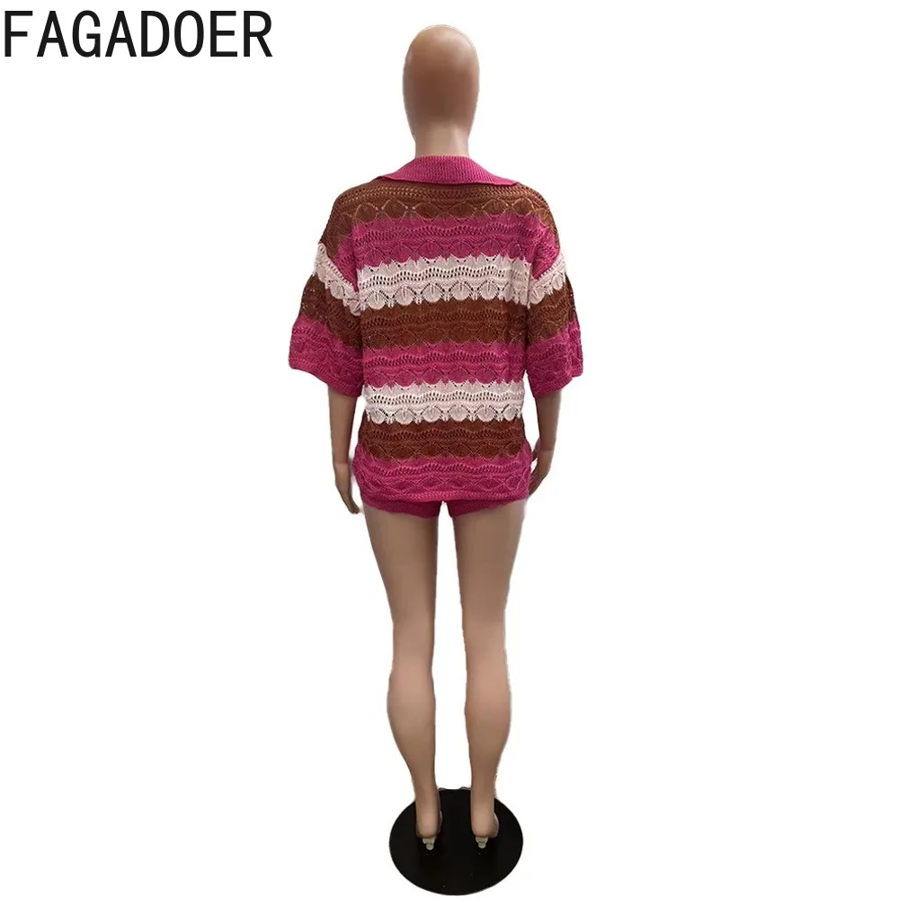 FAGADOER Fashion Striped Printing Sweater Shorts Two Piece Sets Women V Neck Long Sleeve Top And Shorts Outfit Female Streetwear