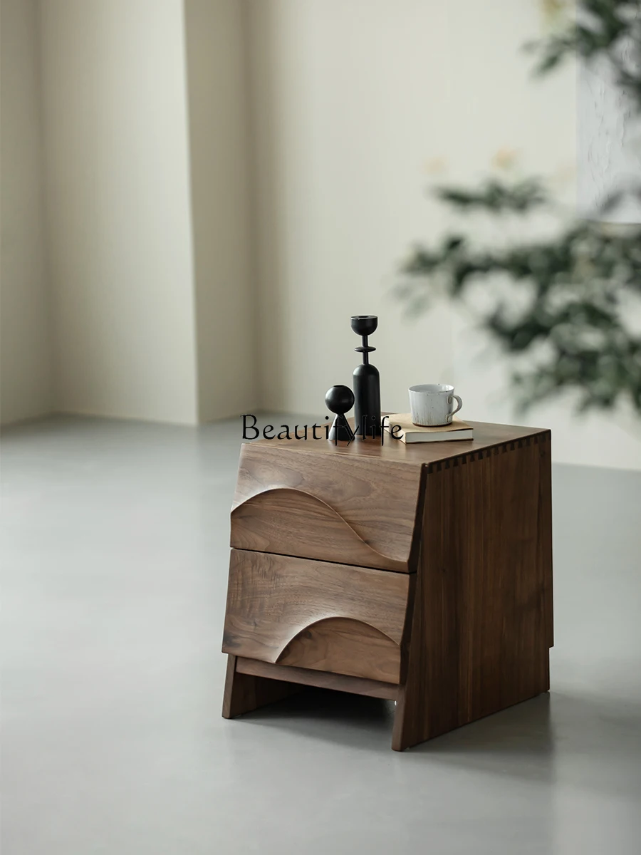 

Black Walnut Wooden Bedside Table Modern Minimalist with Floor Lamp Side Cabinet