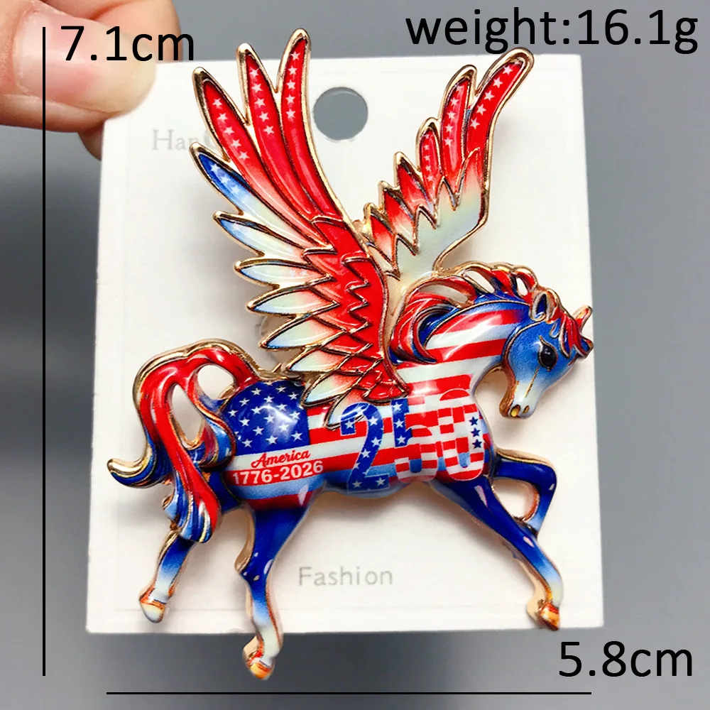 USA 250th Anniversary Flying Horse Brooches For Women Enamel Flag Pattern Pegasus Pin Patriotic Commemorative Accessory Jewelry