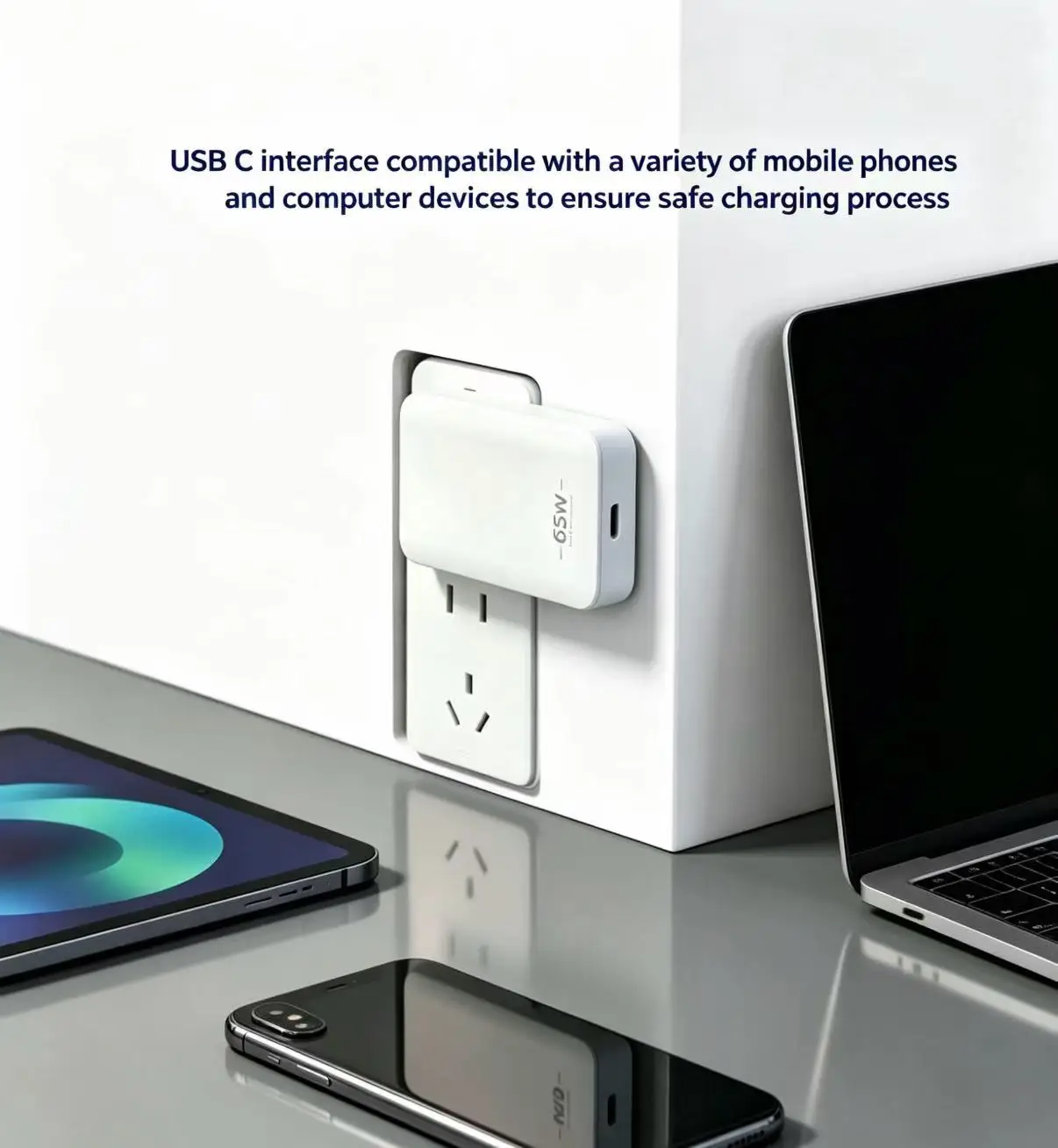 65W USB-C GaN Charger: Foldable US Plug, Detachable EU/UK/AU Plugs, Fast Charging for IPhone16/17 Series, iPad, AirPods Samsung