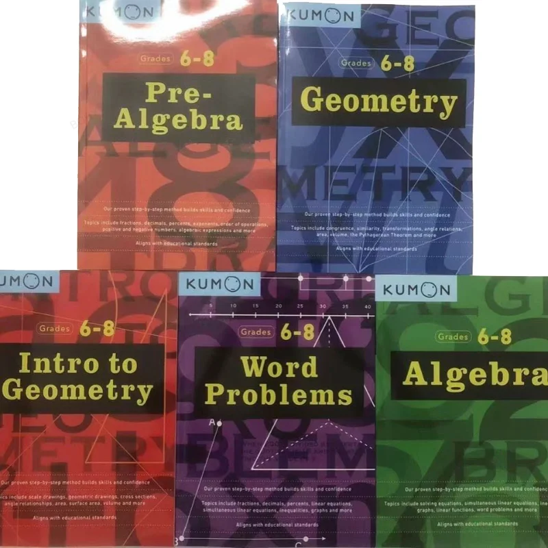 5 książek/zestaw geometria Kumon gimnazjalny gimnazjum matematyczny zeszyt ćwiczeń matematycznych klasy 6-8 dla dzieci w wieku 10-15 lat