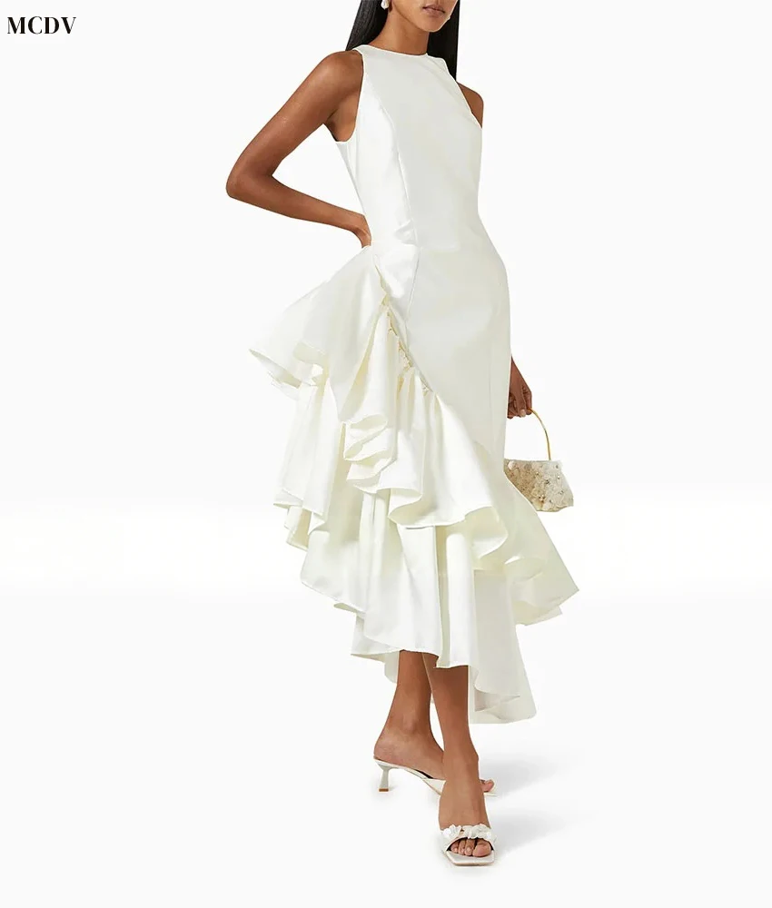 맞춤형 패션 새틴 A라인 러플 티어드 이브닝 드레스 우아한 O넥 민소매 발목 길이 파티 가운 맞춤 사이즈