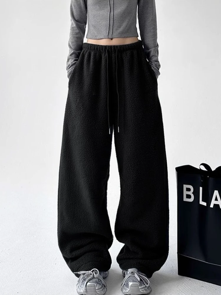 Deeptown Black Basic Wide Leg Women Pants White High Waist Korean Fashion Straight Polar Fleece Trousers Baggy Casual Winter