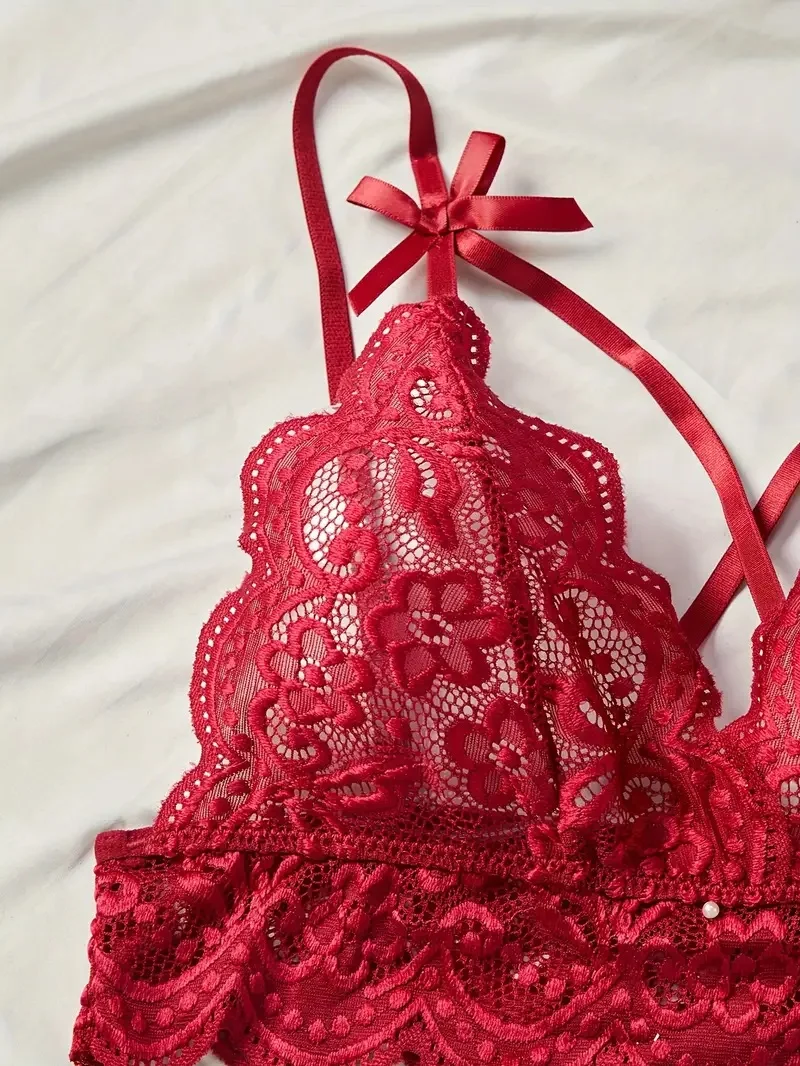 Passionate Red Lace Bra Sets Seductive Sexy Lingerie Crotchless Panties And Bra Set Irresistible Romance See-Through Underwear