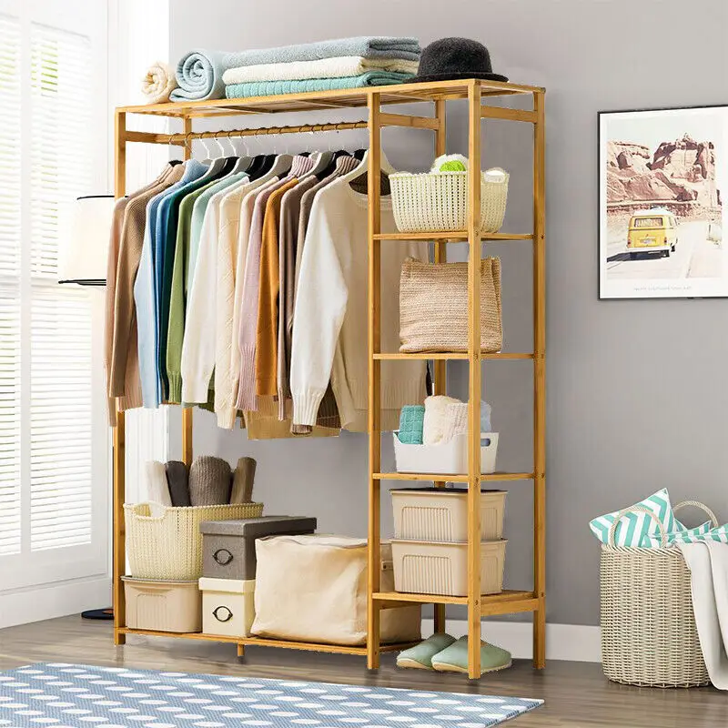 Bamboo Wood Clothing Garment Rack with Shelves Clothes Hanging Rack Stand for Child Kids Adults Cloth Shoe Coat Storage Organize