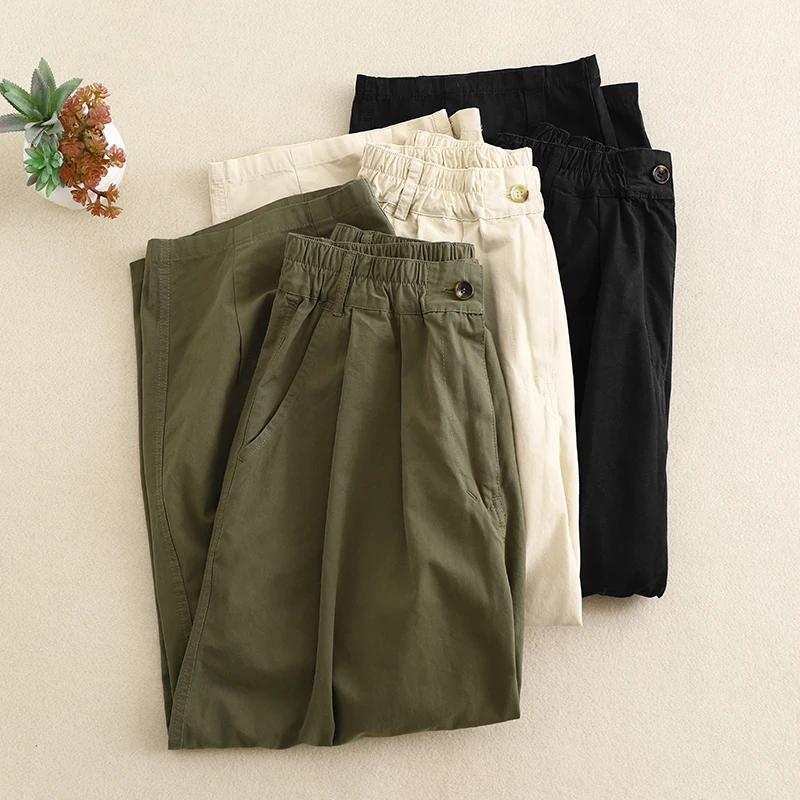 

Простые однотонные хлопковые брюки Харадзюку с эластичной резинкой на талии, свободные повседневные брюки для женщин больших размеров, осенний сезон, высокая талия...