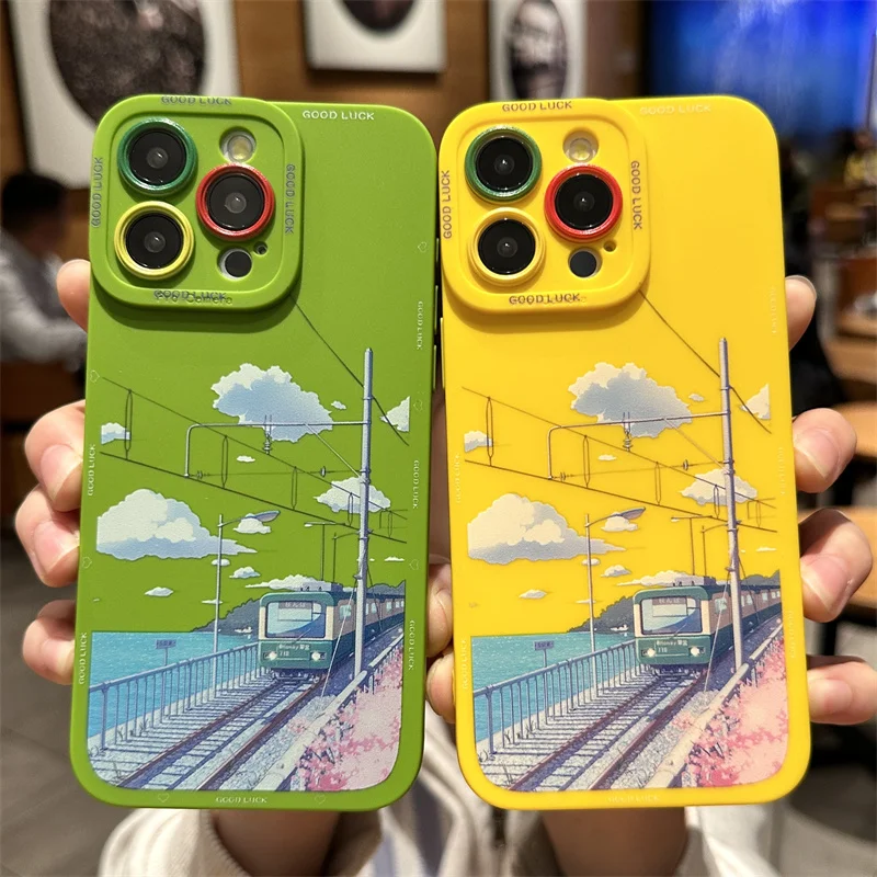 Japanese Cartoon Anime Hand Painted Scenery Tram Coloured Phone Case For iPhone 16 15  13 12 11 Pro Max 14 Plus Protection Cover