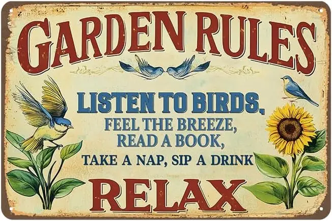 Vintage Garden Decor for Outdise - Garden Rules Sign, Metal Tin Sign for Outdoor, Backyard, Farmhouse, fence, Patio Wall Decor A