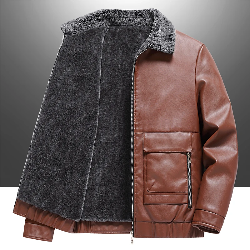 England Style Flocking Solid Color Coats Cardigan Jackets Zipper Pockets Men's Clothing Autumn Winter Turn-down Collar Tops