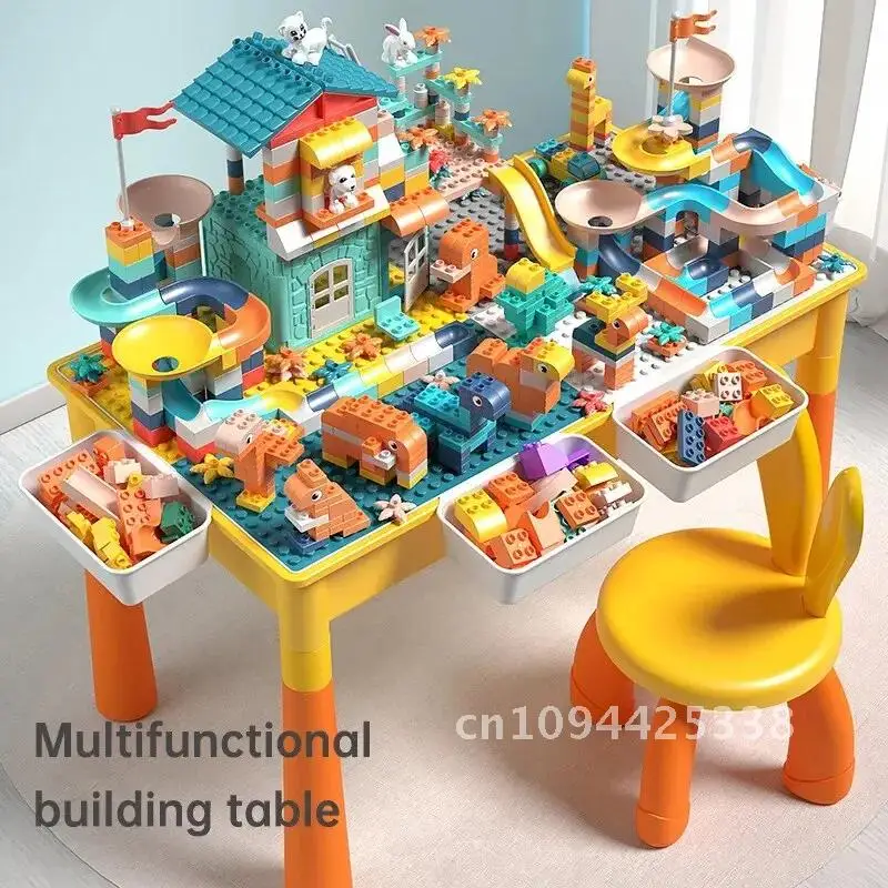 5-in-1 Kids Activity Water Table Toys and Chair Set with 143pcs Large Marble Run DIY Building Block for Kids Ages 3+