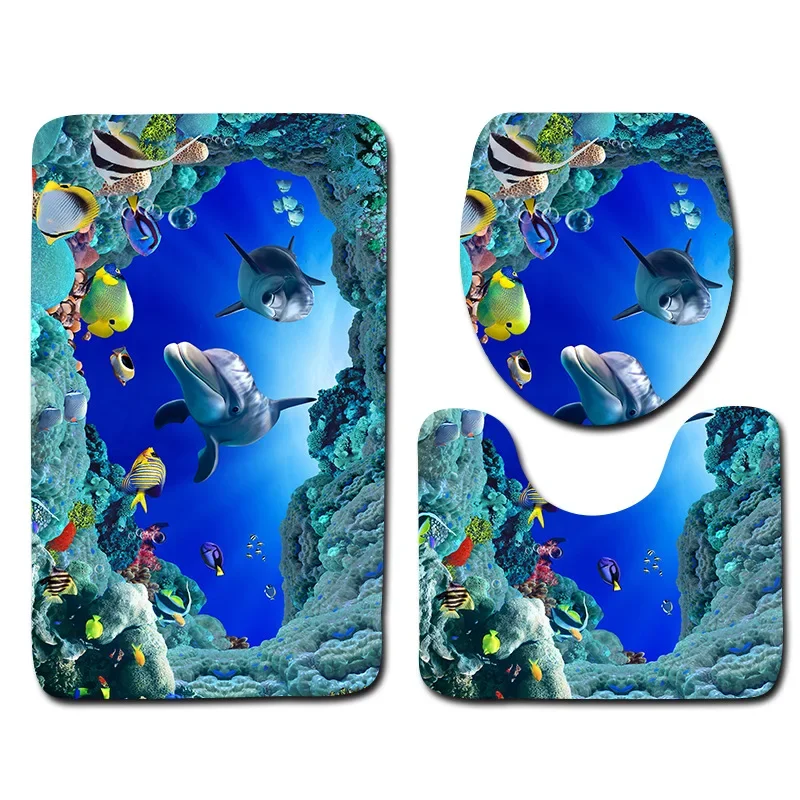 3D Ocean Seabed Animals Toilet Cover Bath Mat Sets Fish Dolphin Printed Bathroom Curtain Set Waterproof Fabric Shower Curtains