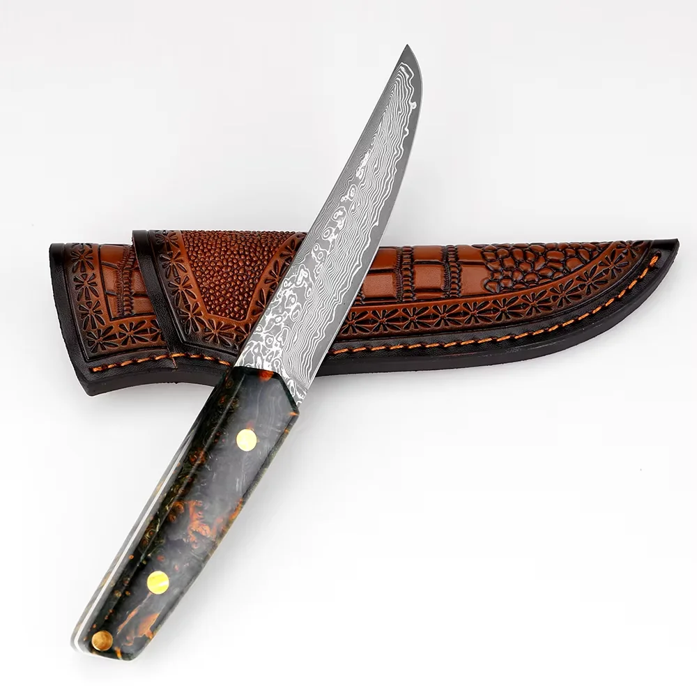 

5 Inch Utility Knife Japanese Damascus Steel Kitchen Knife Ergonomic Stabilised Wood Handle Full Tang Blade with Leather Sheath