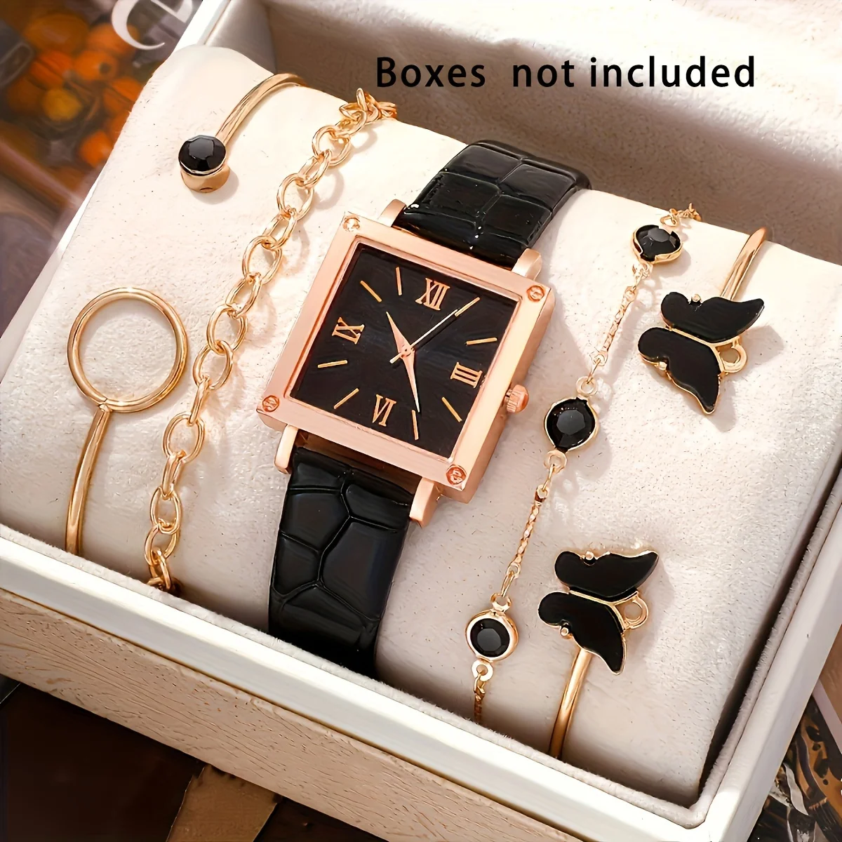 

5pcs/set Elegant Square Gradient Quartz Watch Analog PU Leather Wrist Watch & Butterfly Bracelets, Gifts For Women Her