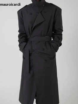 Men's Oversized Black Belted Trench Coat 5 Mauroicardi Spring Autumn Cool Long Black Oversized Trench Coat Men Belt Double Breasted Loose Casual Windproof Outerwear 2022 5