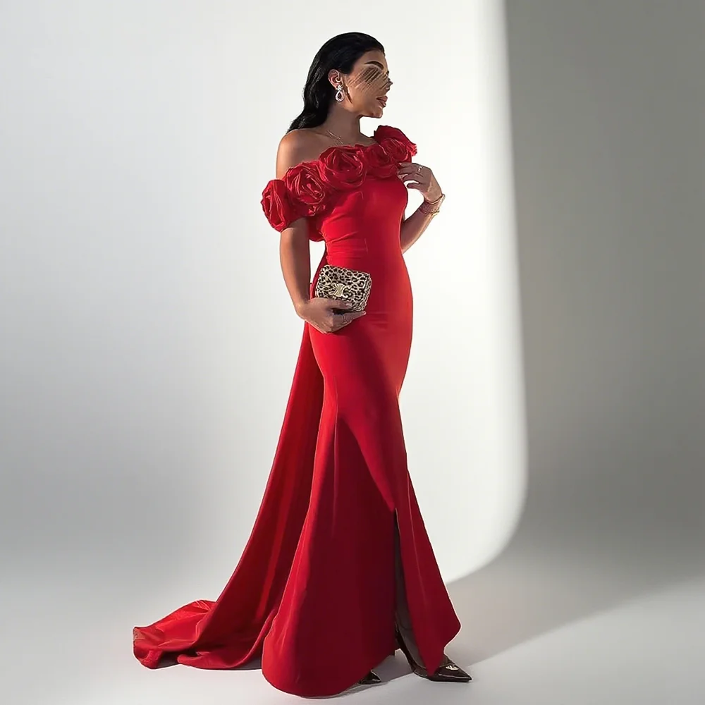 

Long Red Evening Dress Strapless with 3D Flowers Shoulder Elegant Satin Wedding Party Dress Arabic Mermaid Prom Gown Customized