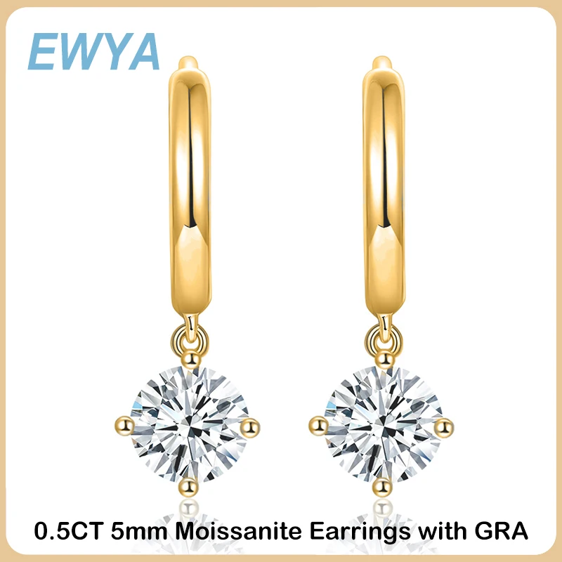 

EWYA 100% Real 0.5 Carat 5mm D Color Moissanite Diamond Drop Earrings Women’s S925 Silver Plated 18K Yellow Gold Tassel Earring