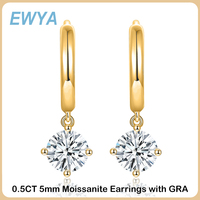 EWYA 100% Real 0.5 Carat 5mm D Color Moissanite Diamond Drop Earrings Women’s S925 Silver Plated 18K Yellow Gold Tassel Earring