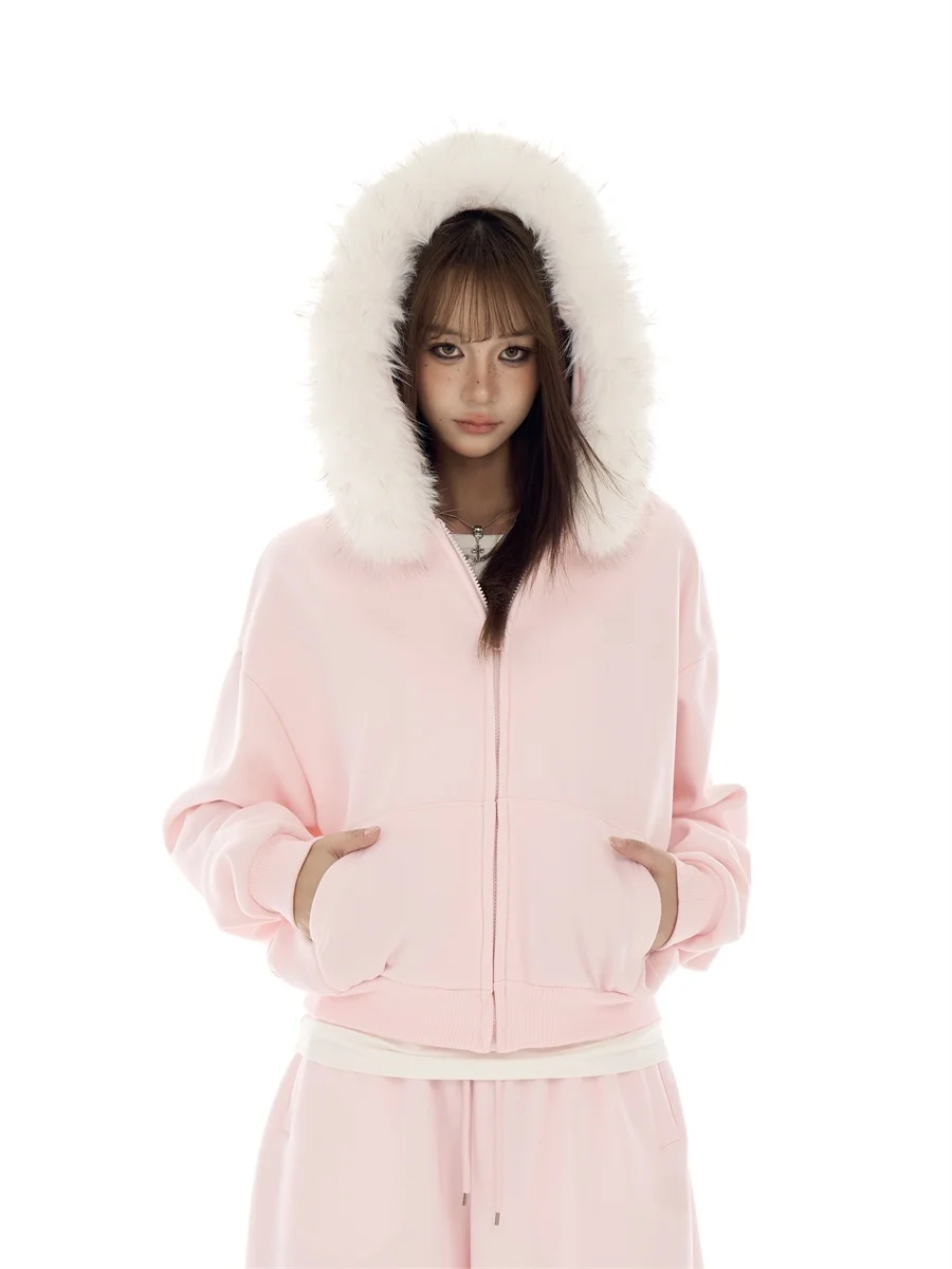 

American Retro Hooded Open Cardigan Sweatshirt Women's Autumn Winter Thickened Warm Casual Outerwear Faux Fur Collar
