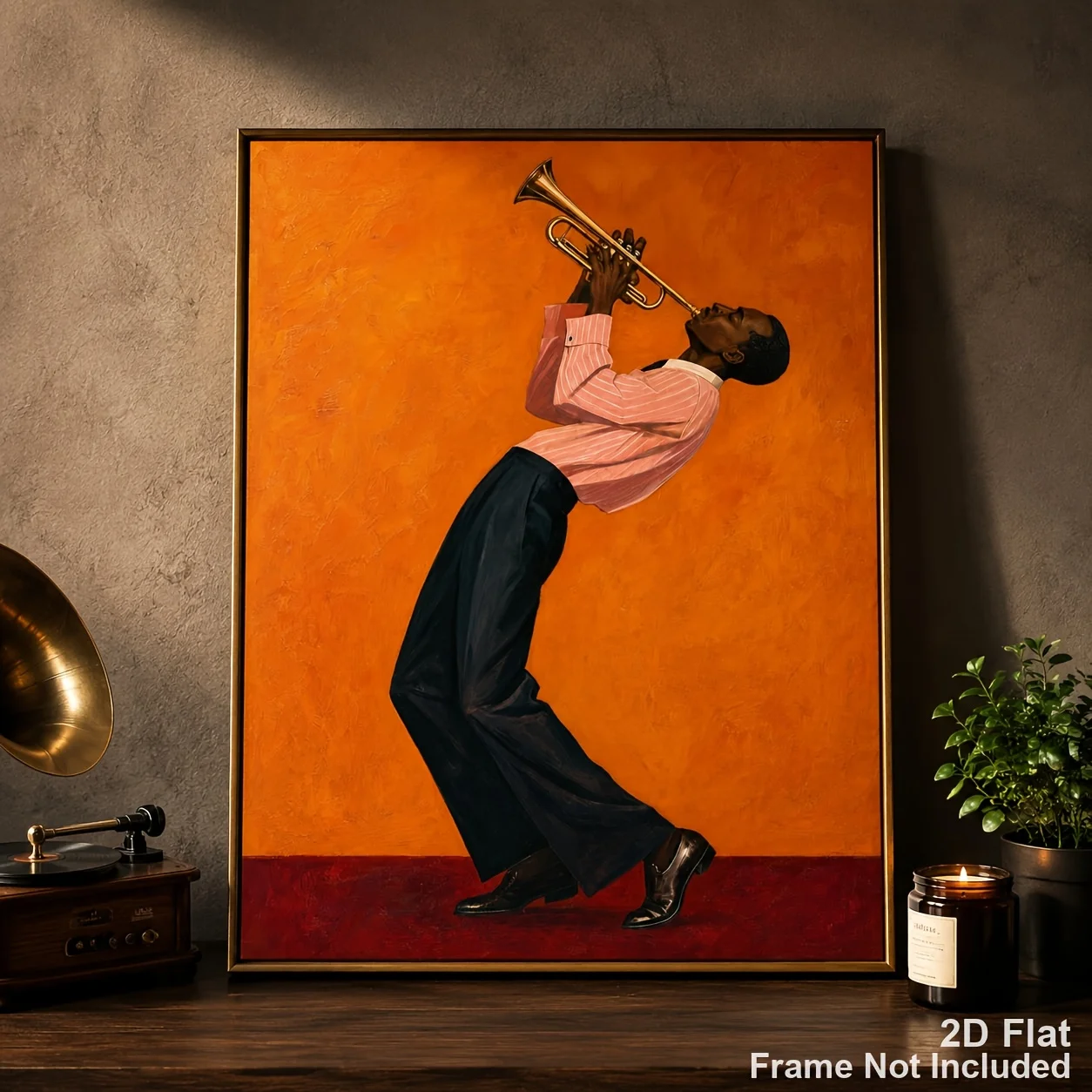2D Flat, 2D Flat, Posters And Prints Jazz Trumpet Player Canvas Print, Musician Playing Trumpet Vibrant Orange Background Ret
