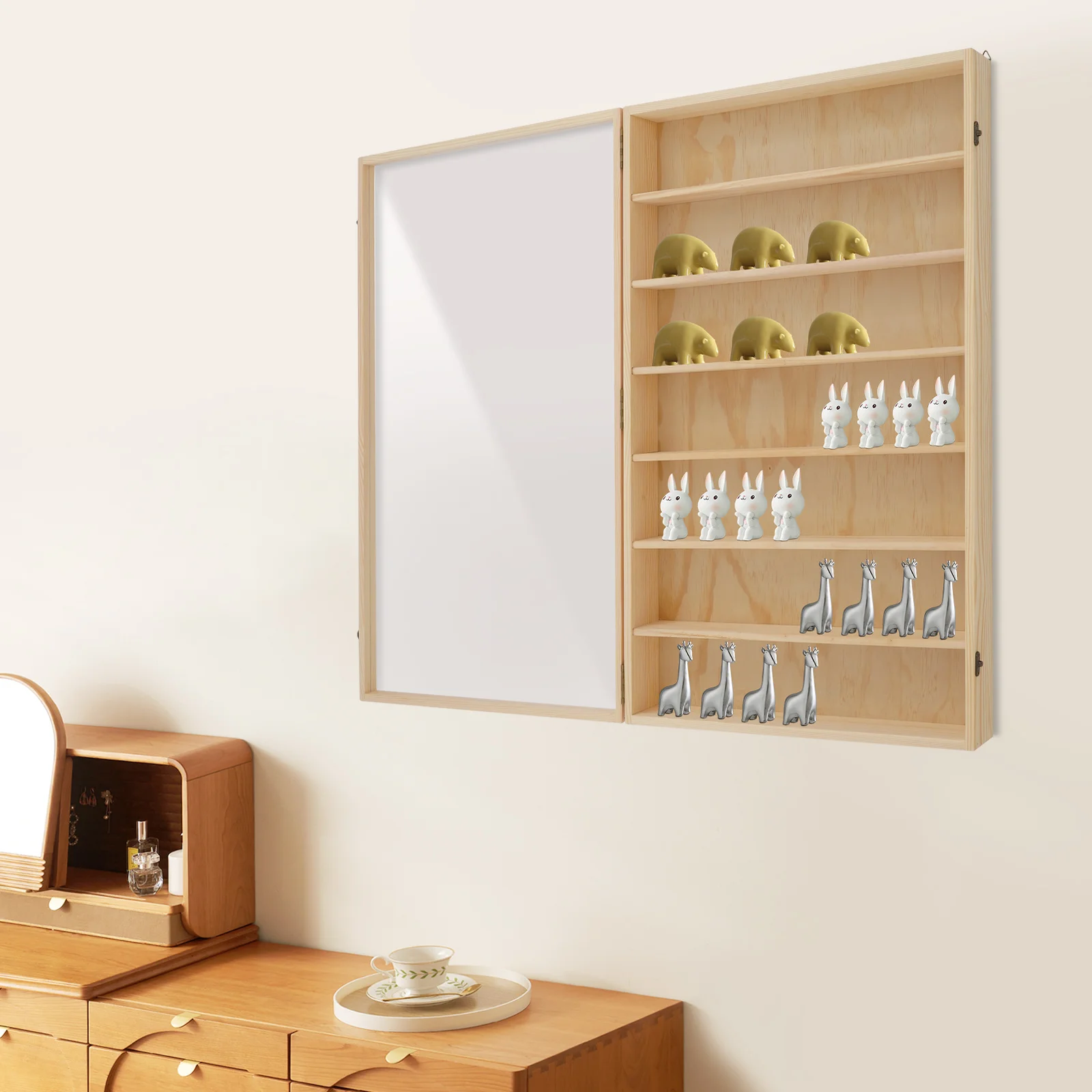 خزانة عرض خشبية مثبتة على الحائط ذات 7 طبقات مع باب أكريليك شفاف مقاوم للغبار للسيارات النموذجية وشخصيات الحركة