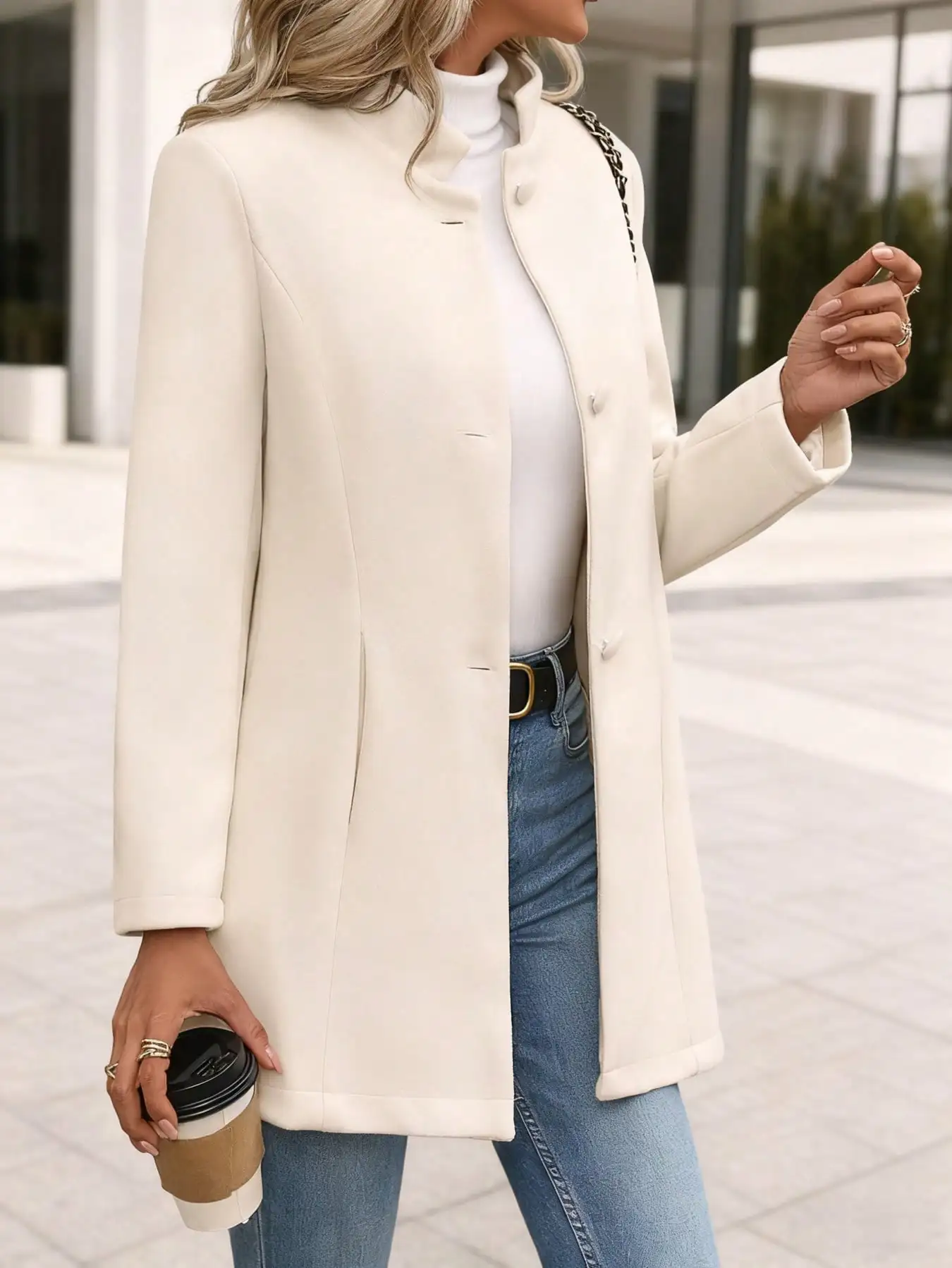 

Women's Stand Collar Single Breasted Mid-Length Coat for Elegant Casual & Office Wear