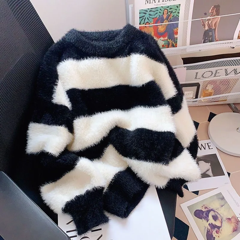 

Waterproof Mink Striped Sweaters Mujer Autumn Winter Lazy Thicked Warm Knitted Pullovers 2025 Loose Long Sleeve Top for Women