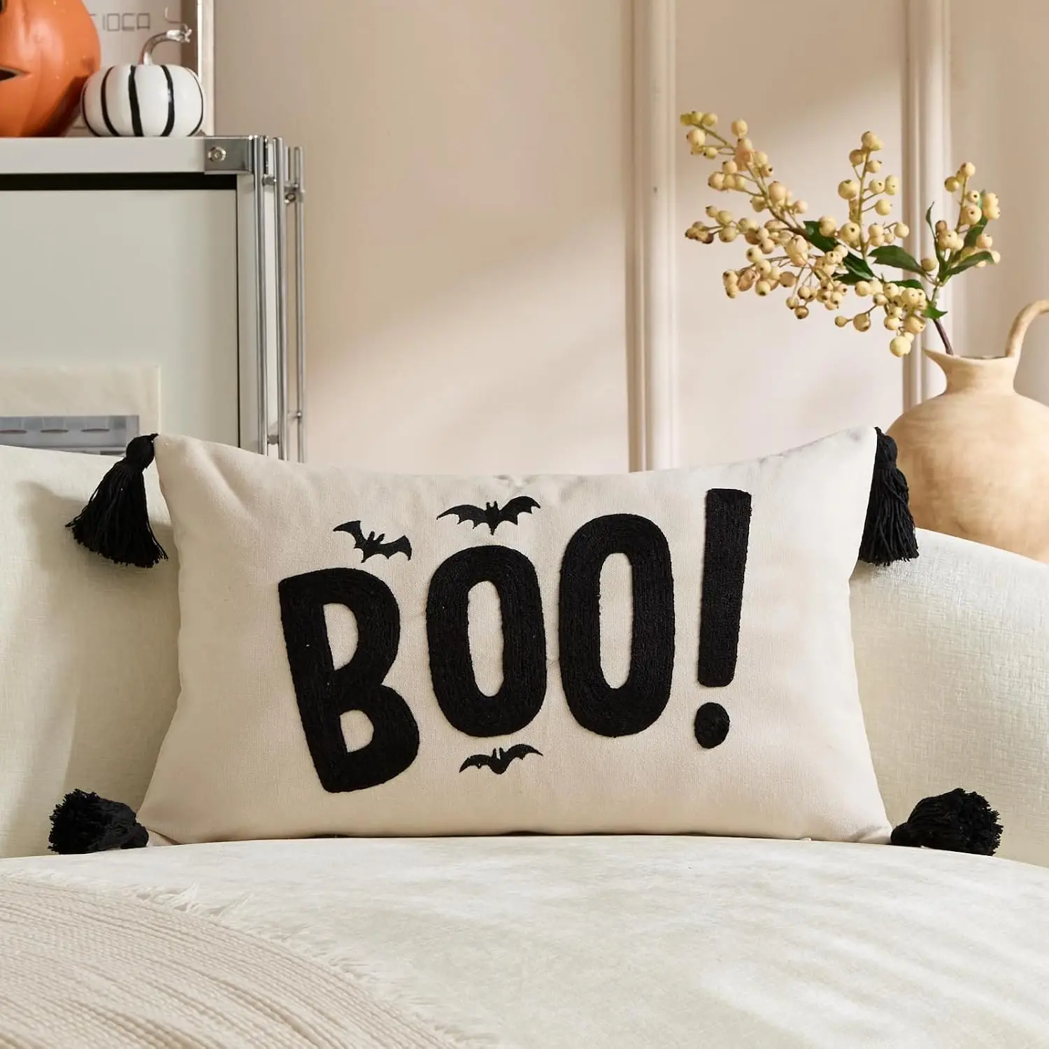 1/2PCS 30X50cm Embroidered BOO Halloween Decor Pillow Cover, Decorative Canvas Pillow Cover for Halloween Style Decor