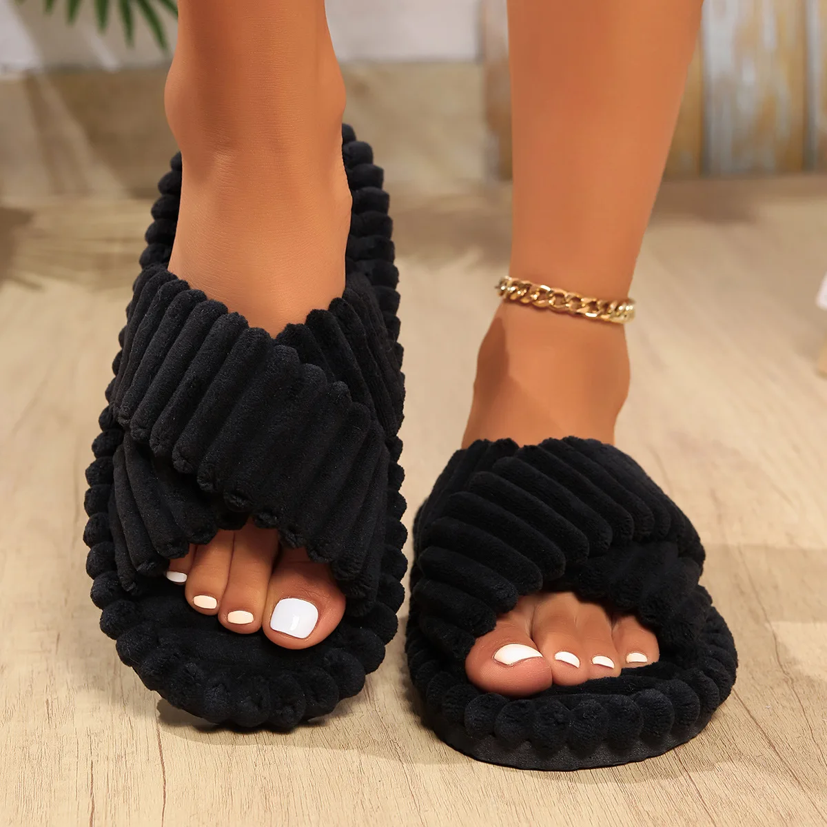 Women's Bow knot Slippers Four Seasons Home Shoes Indoor Corduroy Soft Leisure Comfortable Living Room Non slip Flip flop ﻿