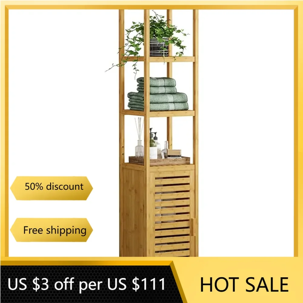 Storage Tall Slim Cabinet With Shutter Door and 3 Tier Shelves Bathroom Cabinets Kitchen Natural Bamboo Freight Free Shelf Home