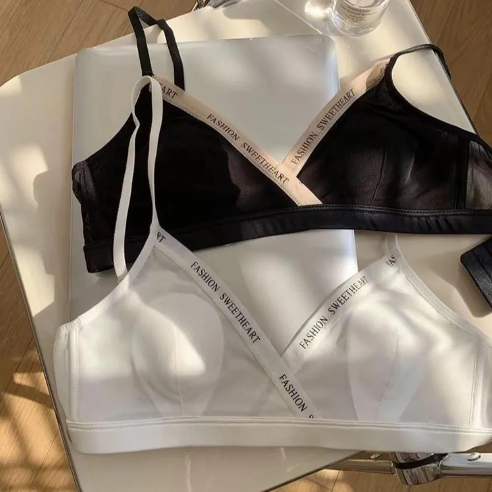 Sujetador inalámbrico de malla fina con escote en V profundo, con letras en inglés, ajustado, a prueba de golpes, sin costuras, para mujer, ideal para verano.