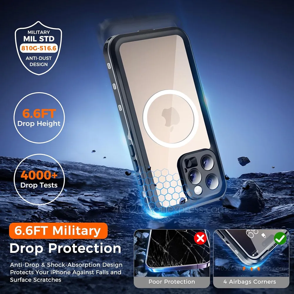IP68 Waterproof For iPhone 16 Pro Max 15 Plus 14 13 Phone Case with MagSafe Snowproof Dustproof Shockproof 360 Protection Cover