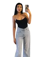 Sparkling Women's Slight Blue All-Over Rhinestone Denim Jeans Pant  High Waist Straight Luxury Trousers Casual Daily Streetwear