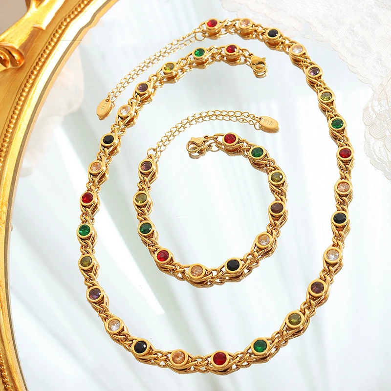 Fashion Colorful Zircon Necklace Bracelet Fashion Niche Fish Eye Stitch Chain Jewelry Set Accessories