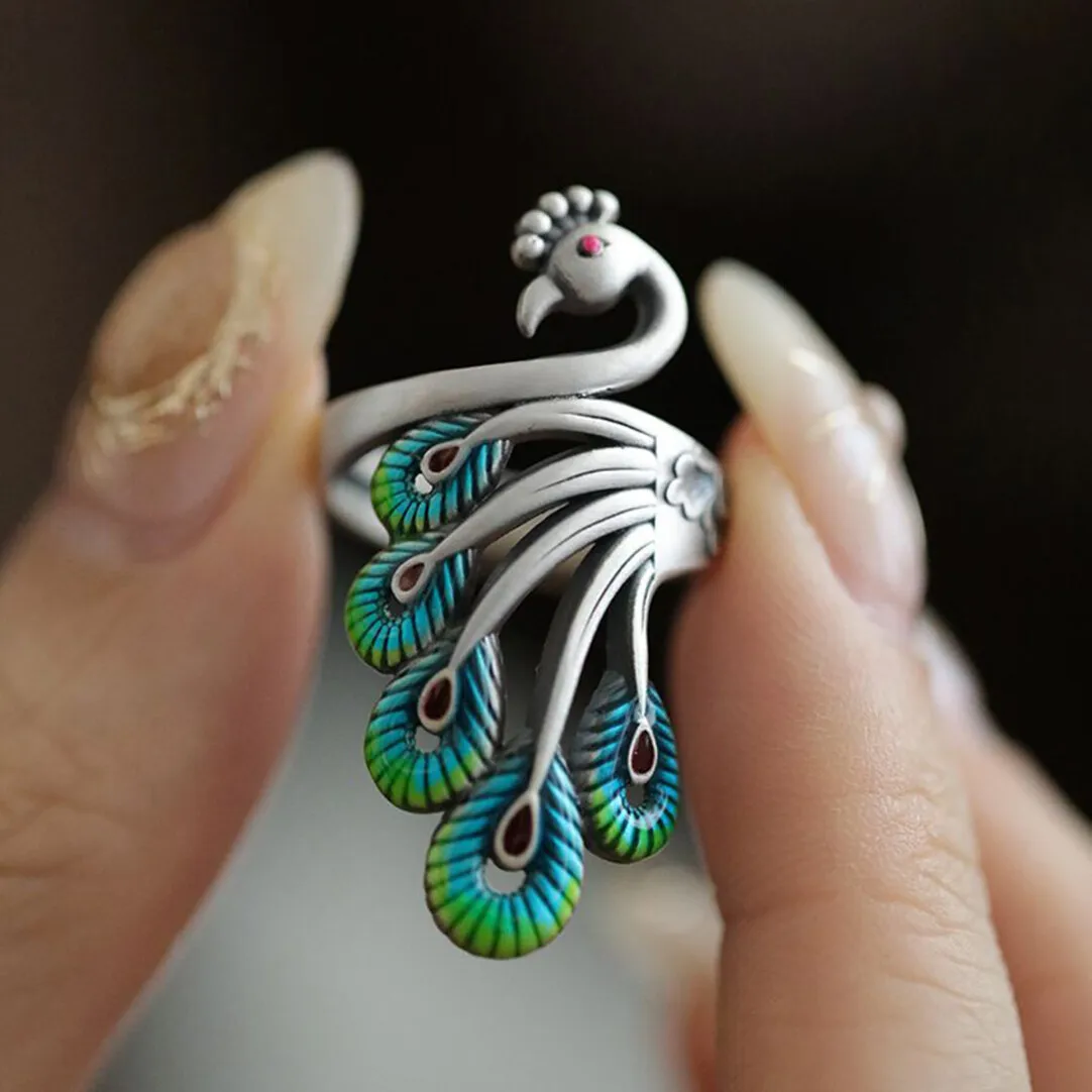 

Ethnic Style Enamel Peacock Ring For Lady Index Finger Accessories Retro Colored Bird Design Ring Women Jewerly Adjustable