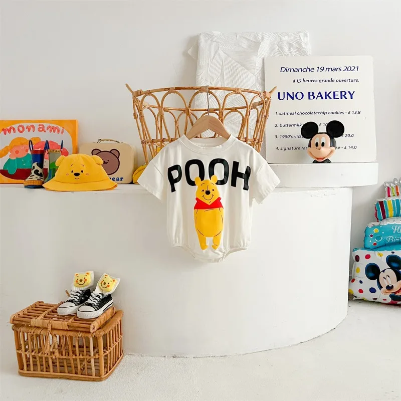 Disney Cartoon Pooh Bear Bodysuits Treasure Bag Fart Clothes Cotton Soft Summer Baby Clothes Newborn Photography Romper K5652