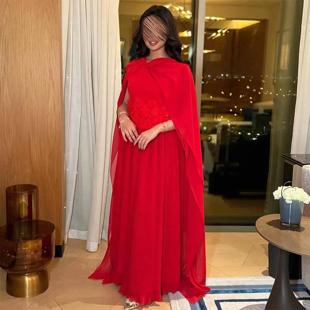 

Formal Women Ceremony Dresses Chiffon Sheath/Column Celebrity Dress Red Strapless Batwing Sleeve Appliques Cloak Prom Dress Long