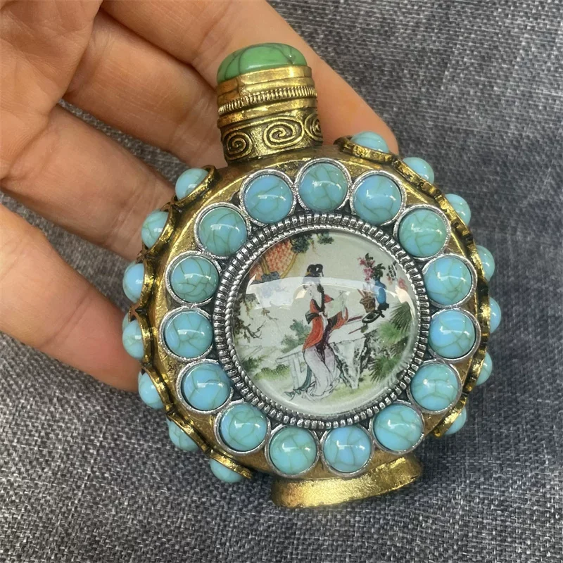 Antique Luminous Double-Sided Pure Copper Inlaid Snuff Bottle Retro Tibetan Smoking Accessories Decorative Inner Painting