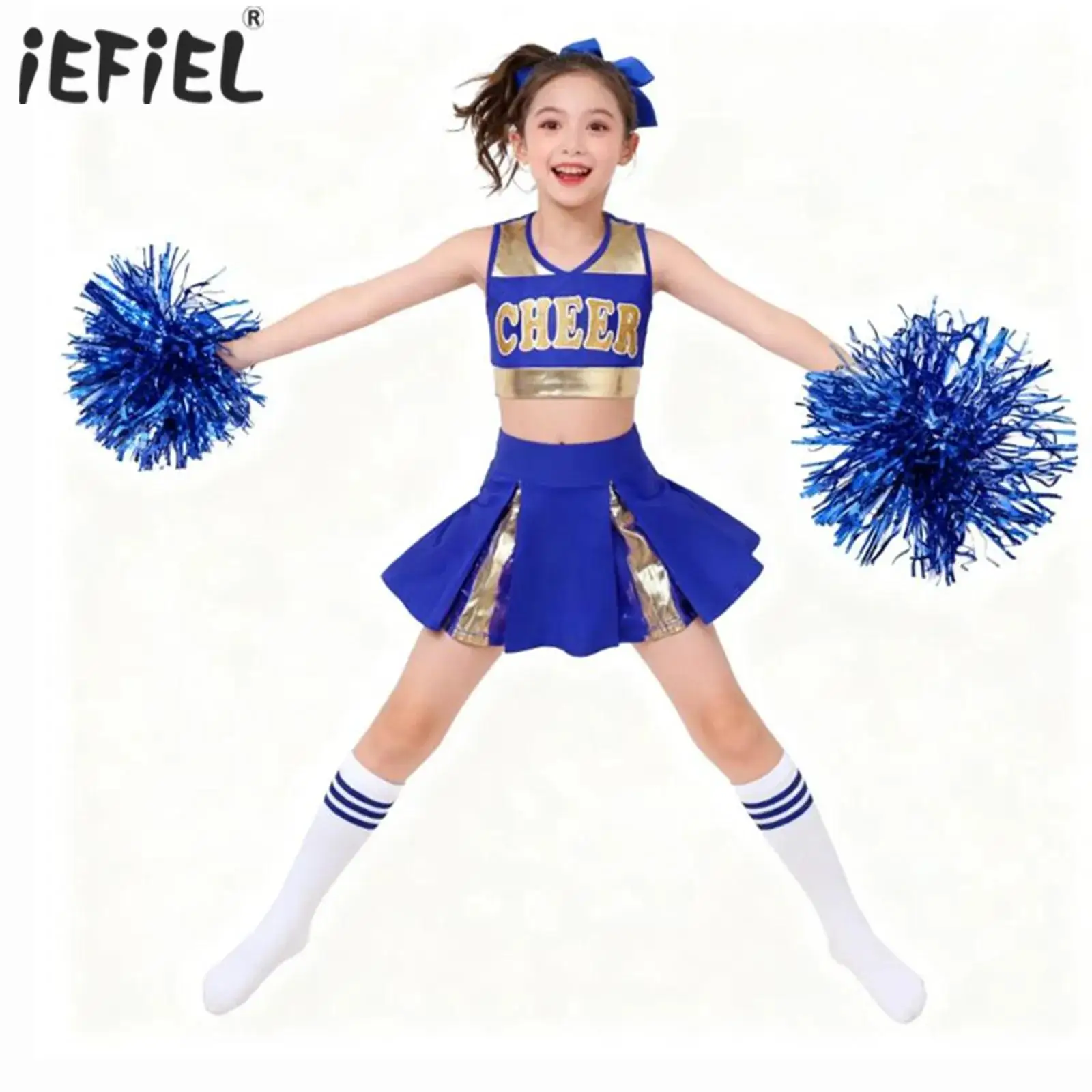 أطفال بنات التشجيع موحدة الباليه ملابس الرقص الحديثة المشجع زي الخامس العنق إلكتروني طباعة المحاصيل الأعلى مطوي تنورة