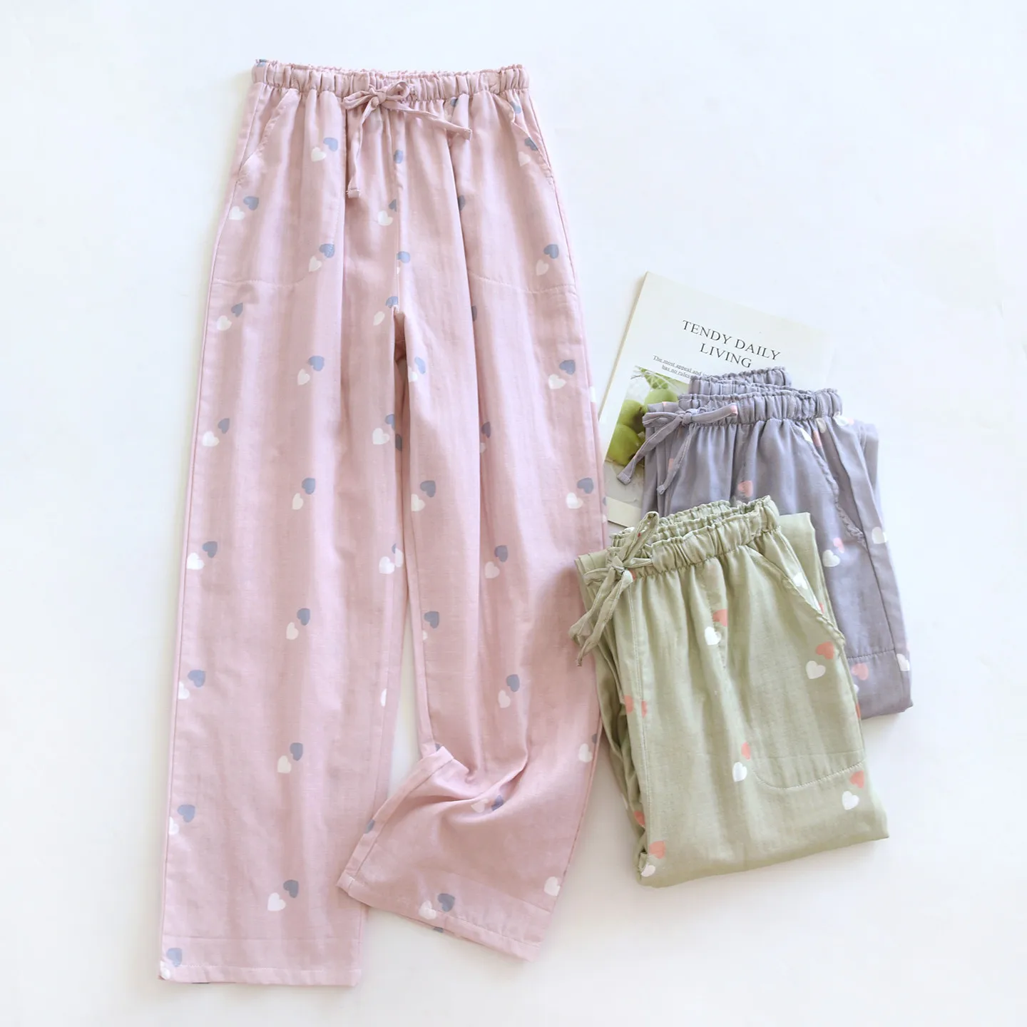 Fashion Women Heart Pattern Cotton Gauze Sleep Pants Thin Drawstring Long Trousers with Side Pockets Loose Leg Wearable Outside