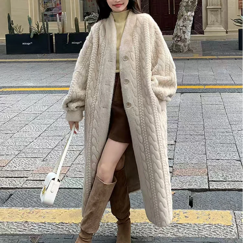 Women Fur Cardigan Thickened Long 2024Autumn Winter V-neck Jacket Female Loose Simple Leisure With Buttons Casual Faux Fur Coat