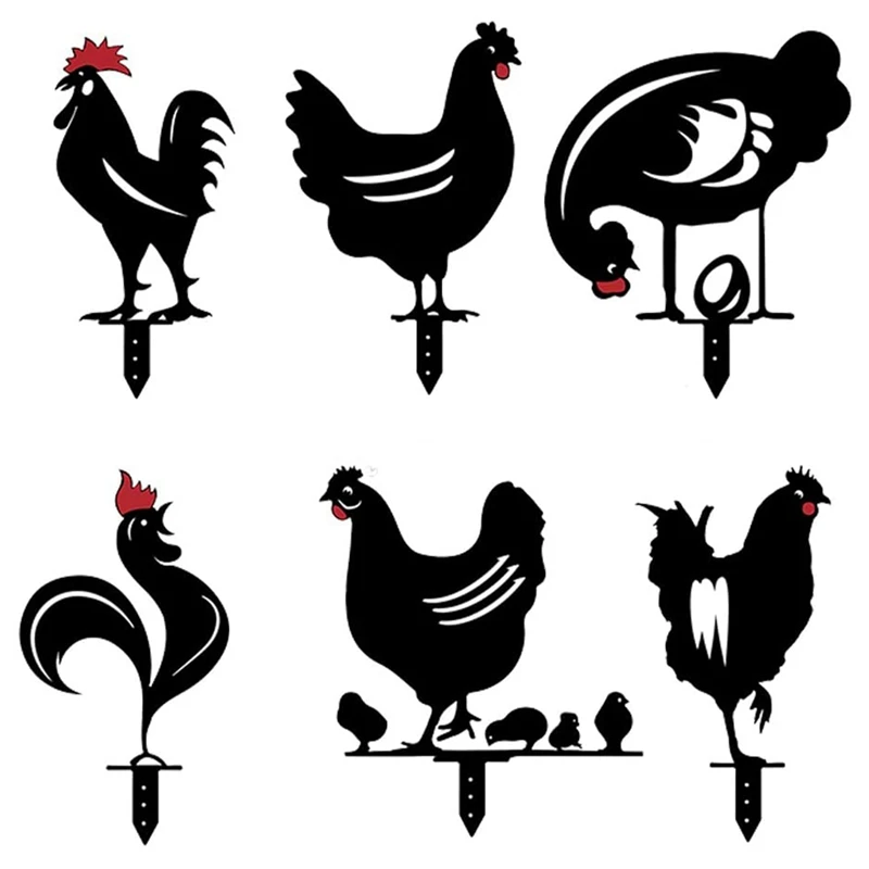 

New Chicken Yard Art, 6Pcs Outdoor Garden Backyard Lawn Stakes Metal Hen Yard Decor Present Rooster Art For Lawn,Pathway