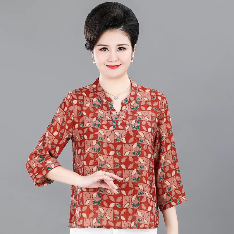 

Elegant Female Blouses Summer 2023 New Loose V-Neck Middle-aged Women's Shirt Summer Clothes Casual Print Vintage Floral Top