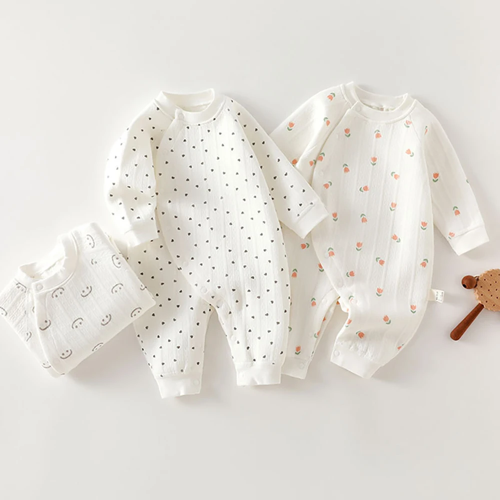 Autumn Baby Rompers 0-24M Sweet Floral Love Infant Jumpsuit Warm Soft Girls Clothes Toddler Homewear