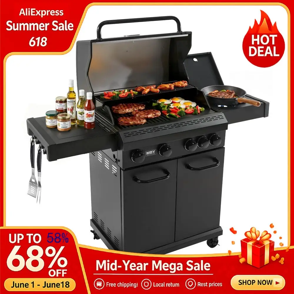 

Burner Propane Gas Grill with 1 Side Burner, 50,000 BTU Outdoor BBQ Grill, HeavyDuty Steel Construction, Cast Iron Cooking Grat