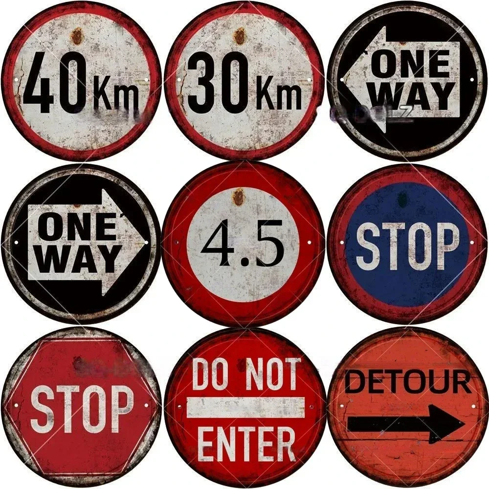 Vintage STOP Warning Round Garage Metal Sign Plate Plaque Tin Sign for Home Bar Pub Store Man Cave Yad Outdoor Wall Decor