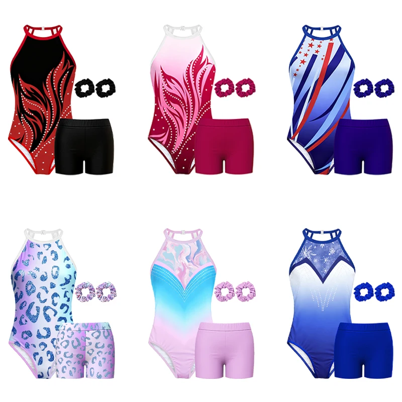 Gymnastics Leotards for Girls Sleeveless Halter Neck Bodysuits Tumbling Activewear with Shorts and Hairband No Diamond ﻿