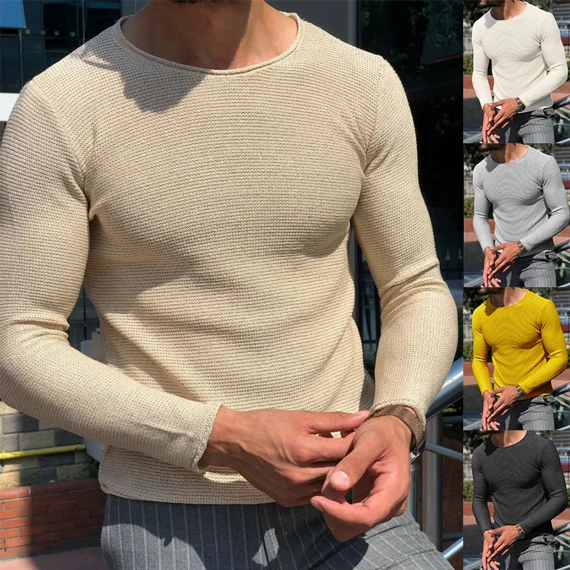 

Autumn New Male Sweater Luxury Fashion Men Casual Round Neck Sweater Solid Color Slim Fit Long Sleeved Knitted Pullover Top