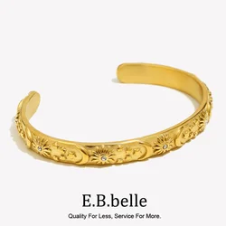E.B.belle Classic Sun Moon Star Opening Bracelet Chunky 18 Gold Plated Tarnish Free Stainless Steel Jewelry