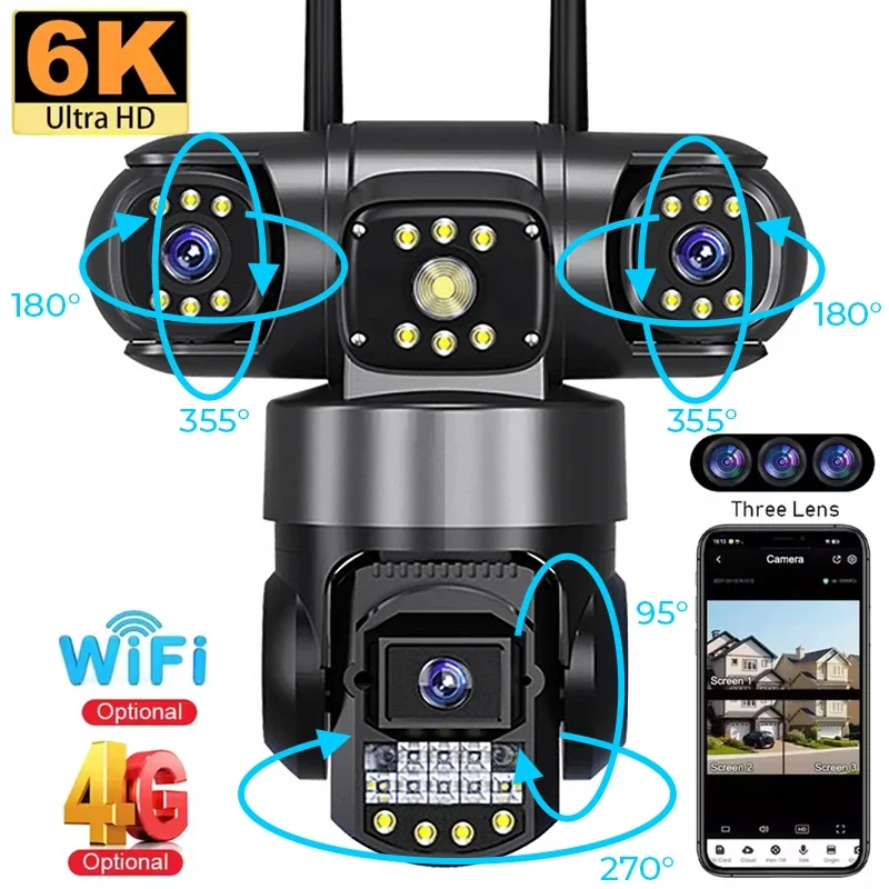 WiFi IP Camera Outdoor 12MP 6K Triple Lenses Triple Screens Security Video Monitor Night Vision Waterproof CCTV Cameras